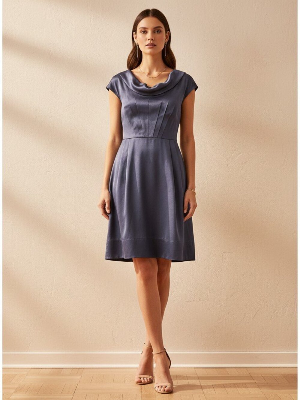 BCBGeneration Satin Cowl Neck Cocktail Dress | Medium | Slate Navy Wedding Guest